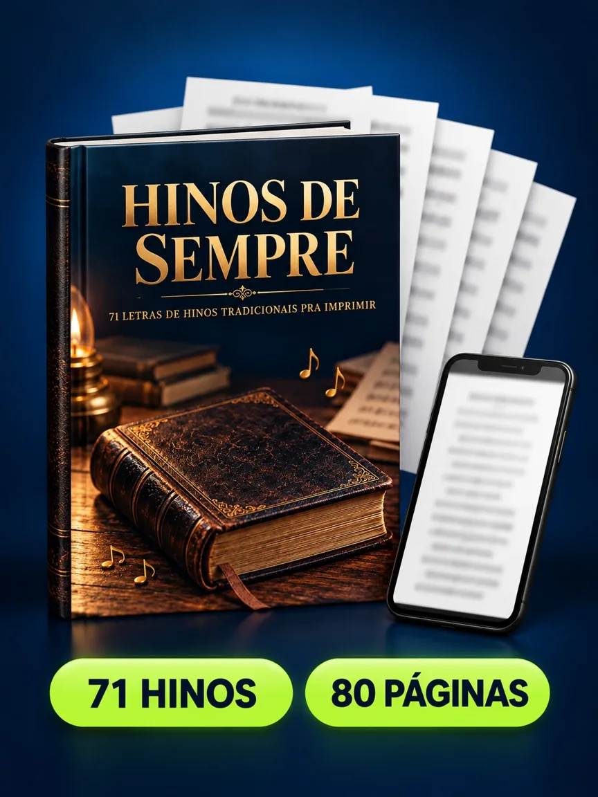 Montagem ilustrativa do Hinos de Sempre: livro com a capa, páginas do material e celular